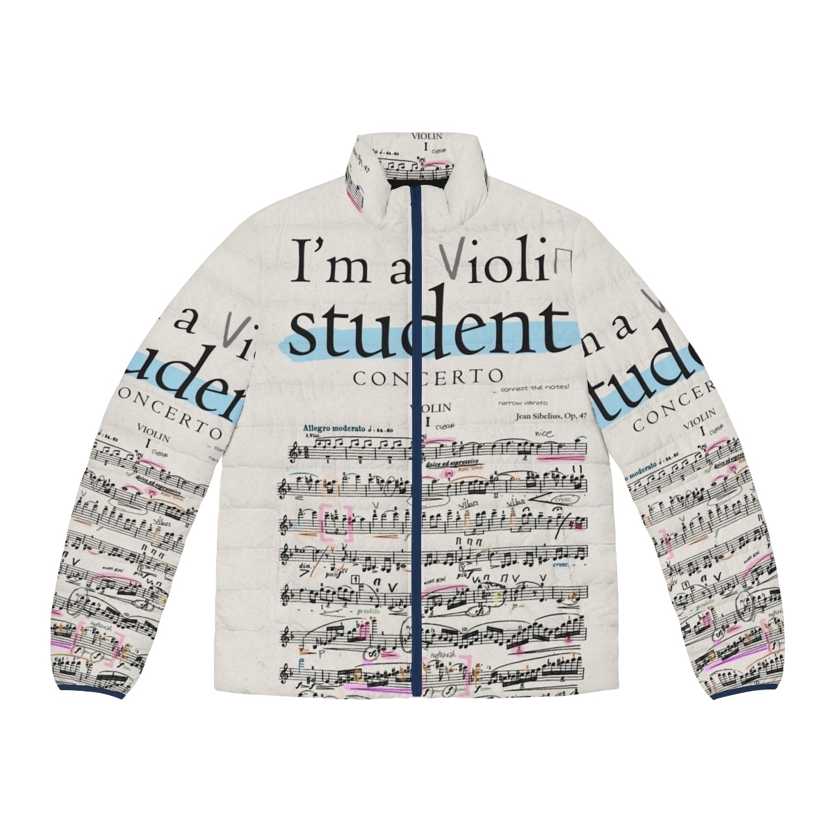 Violin student puffer jacket with musical notes and accessories