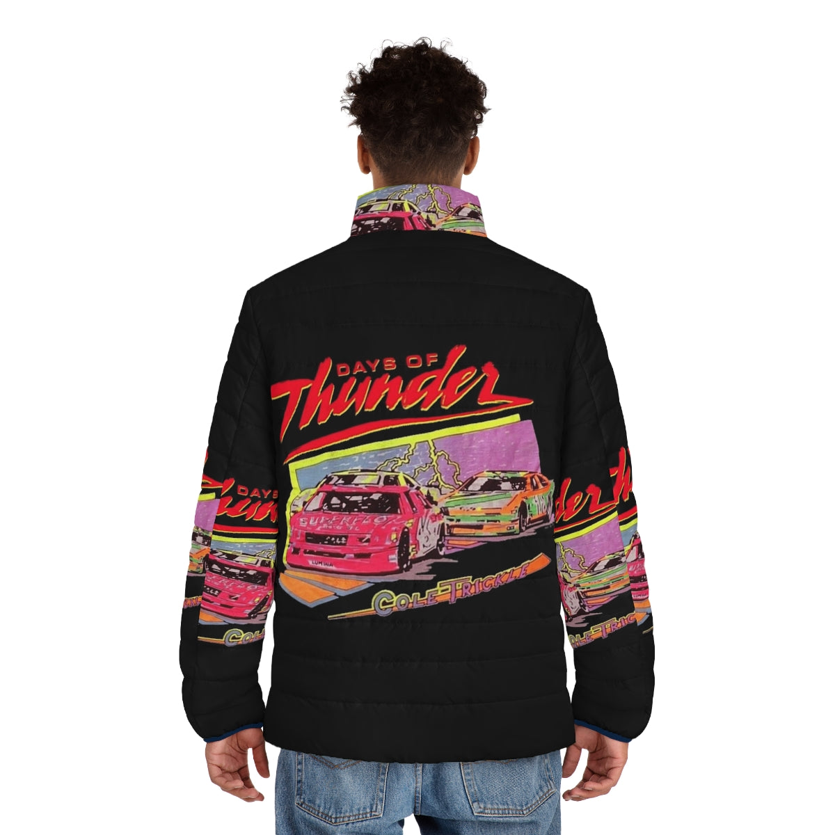 Vintage "Days of Thunder" puffer jacket featuring Tom Cruise's character from the classic NASCAR film - men back