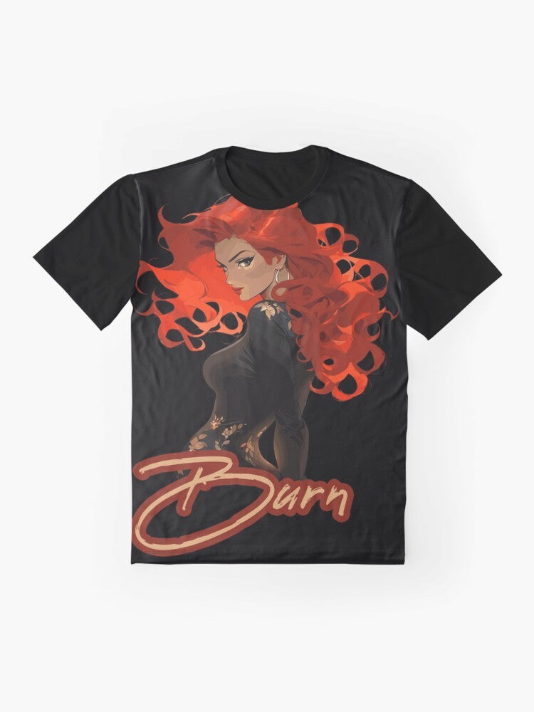 Burn Graphic T-Shirt with Fiery Design and Attractive Model - Flat lay