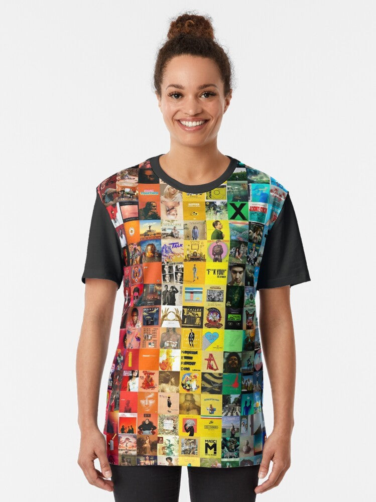 Colorful graphic t-shirt featuring a vibrant music tapestry design, perfect for music lovers and those with an aesthetic sense. - Women