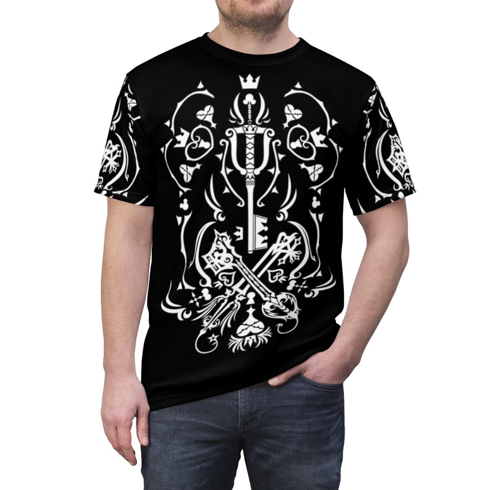 Black all-over-print t-shirt featuring Kingdom Hearts inspired design for anime and video game fans - men front