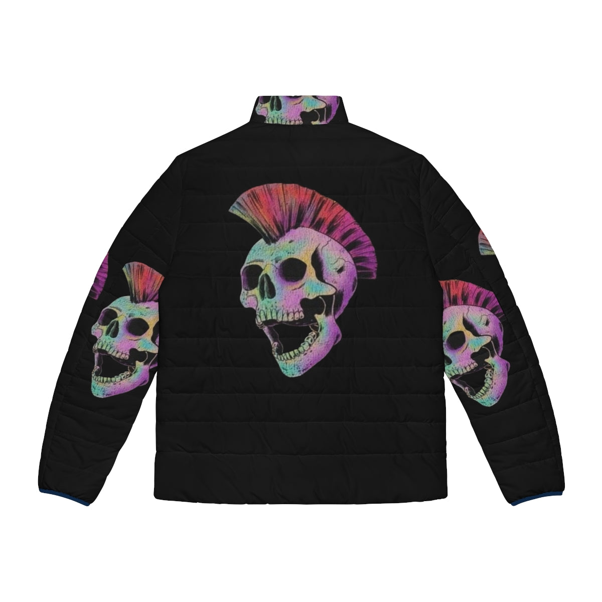 A puffer jacket featuring a mohawk skull design, perfect for metal band fans and punk rock enthusiasts. - Back