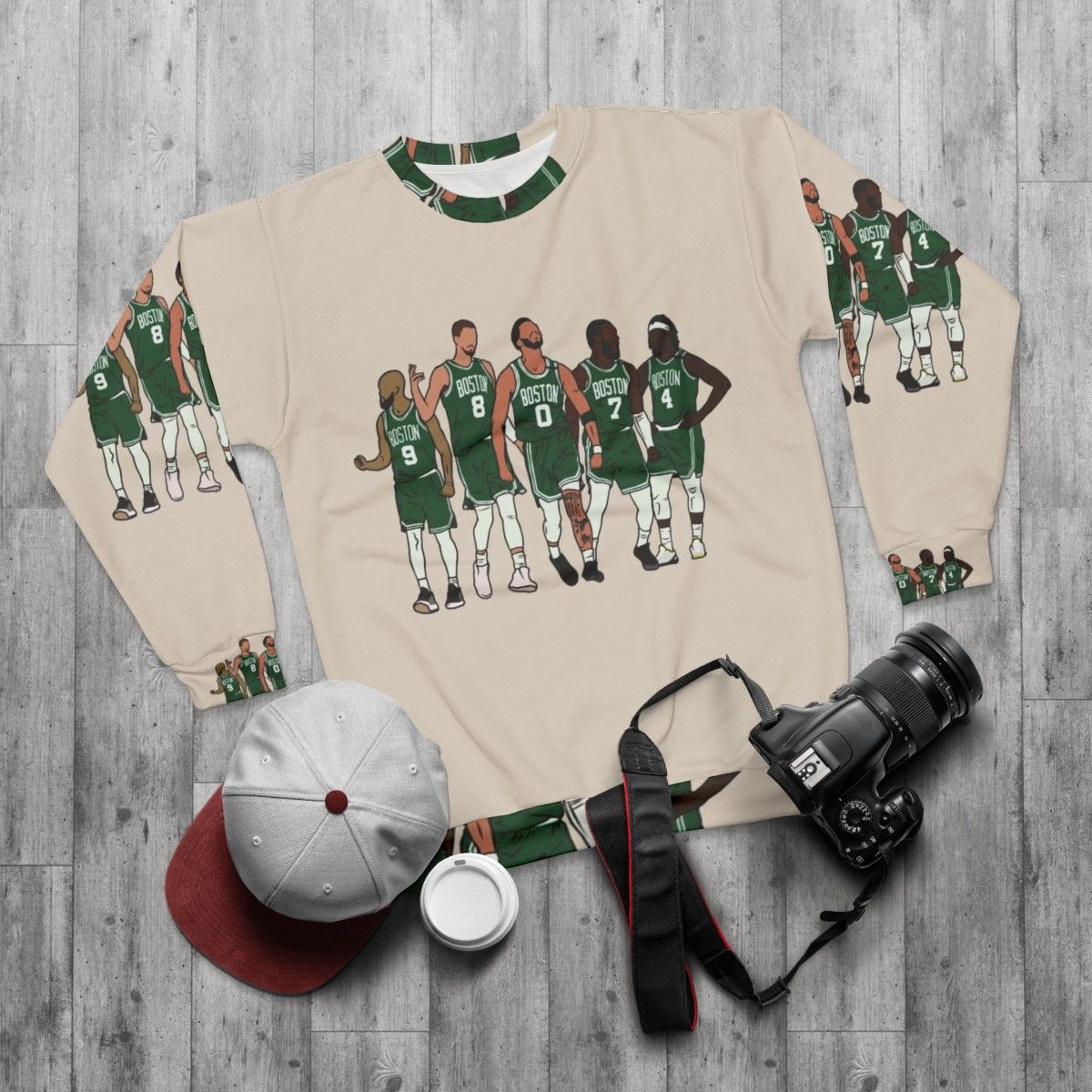 Boston Celtics Big 4 Sweatshirt featuring Kristaps Porzingis, Jrue Holiday, Jayson Tatum, and Jaylen Brown - flat lay