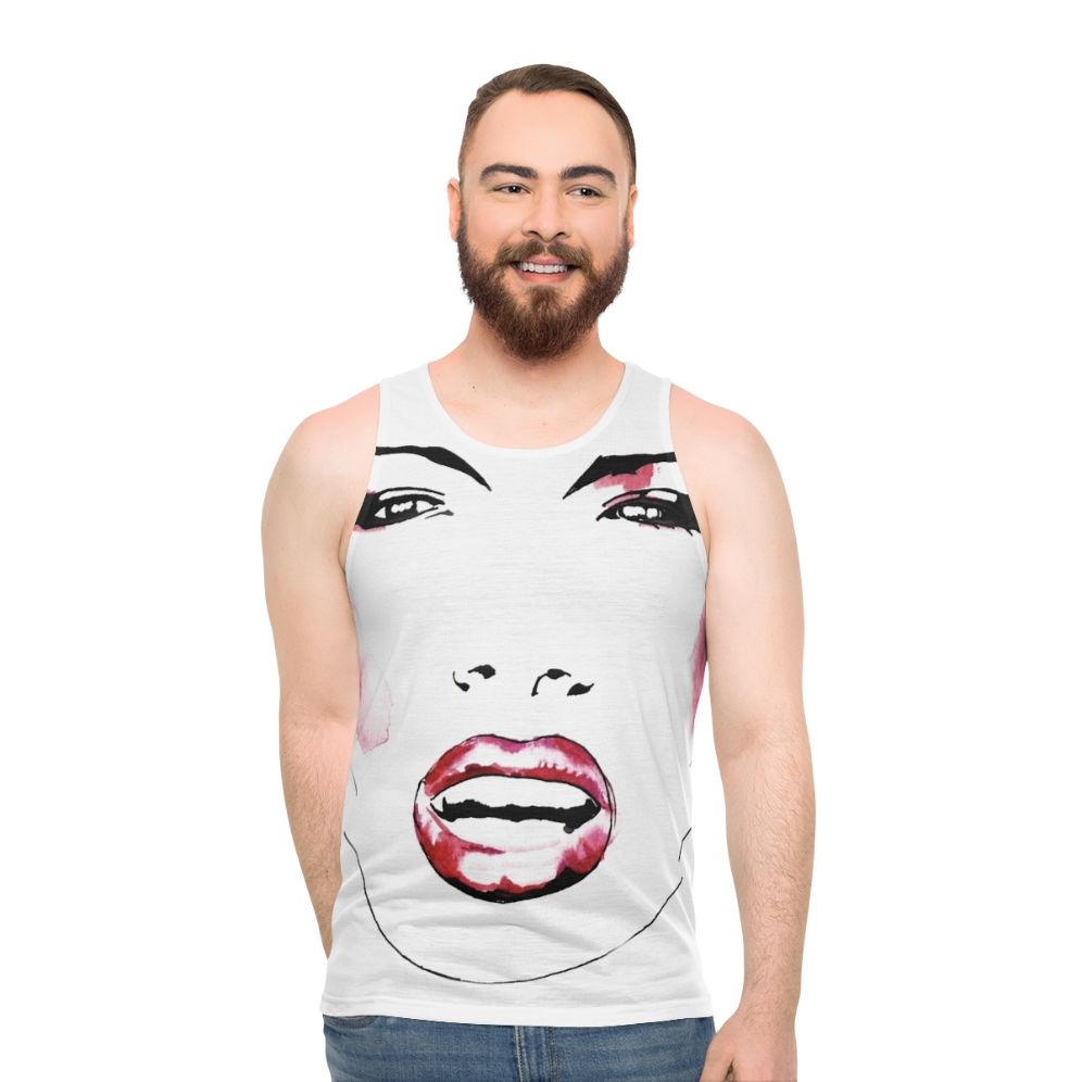 Grace Jones wearing a black and white portrait tank top - men