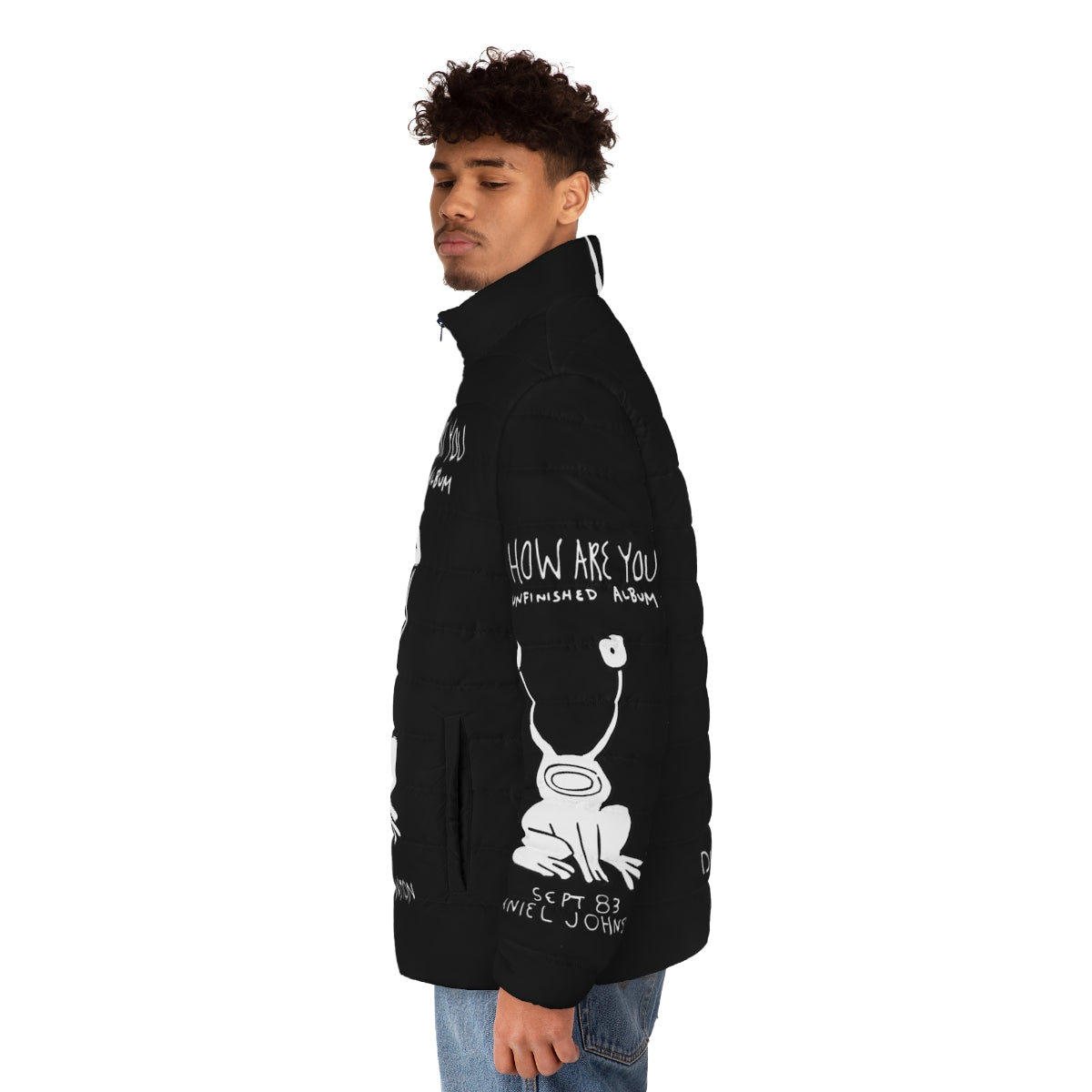 Hi How Are You Daniel Johnston inspired puffer jacket with album cover graphics - men side left