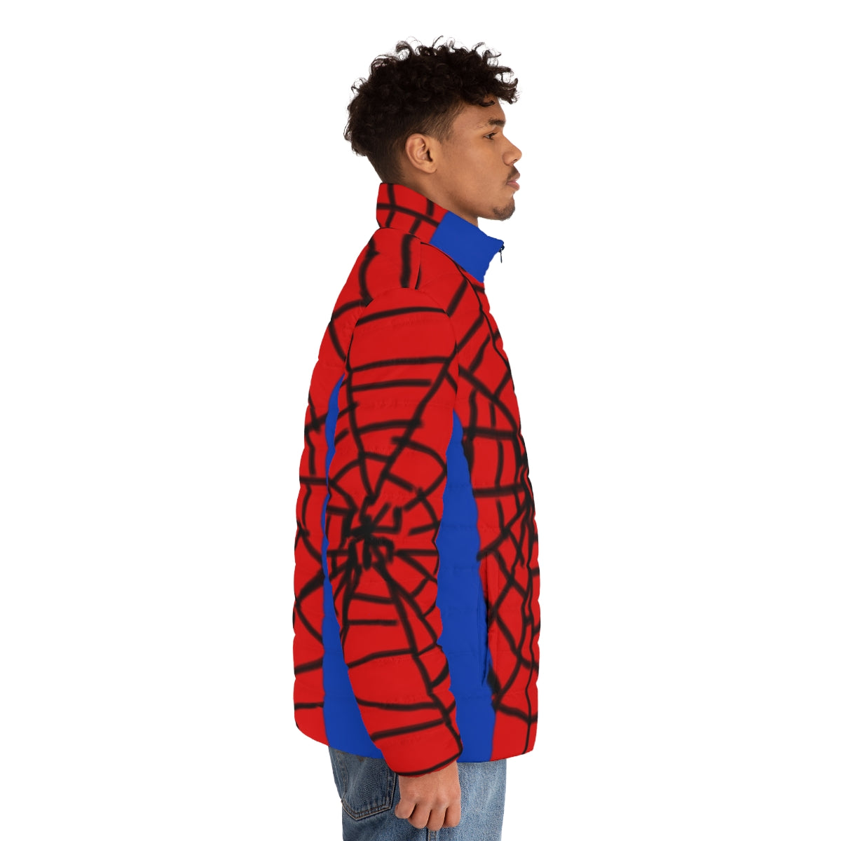 Spiderman superhero puffer jacket with web graphic design - men side right