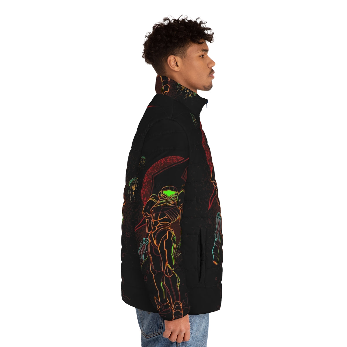 Metroid-inspired bounty hunter puffer jacket with futuristic design - men side right