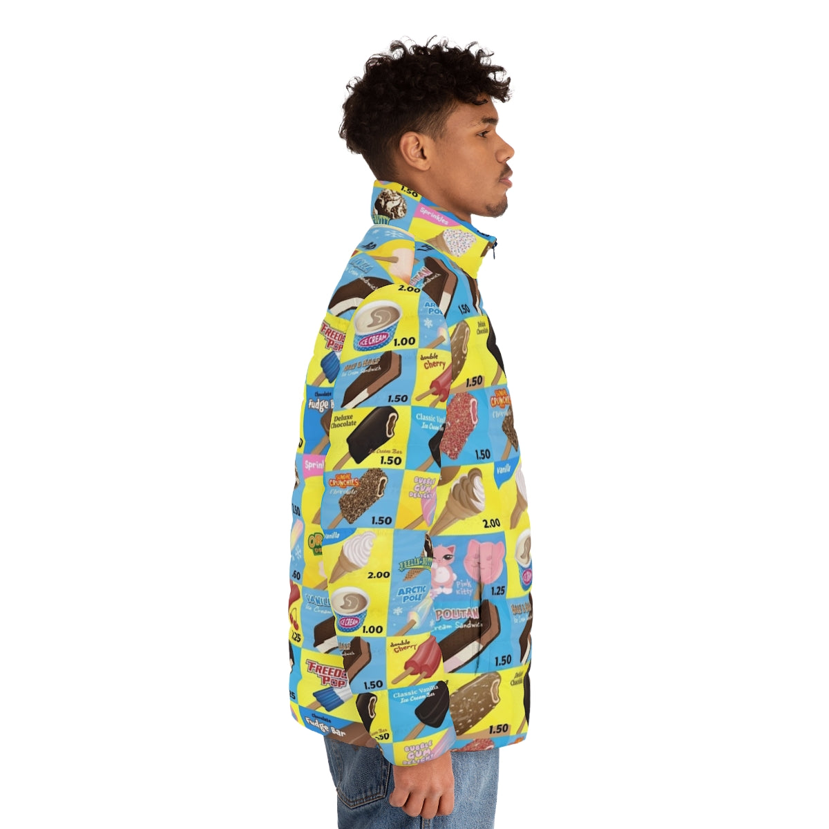 Puffer jacket featuring a vintage ice cream truck menu design with cones, sandwiches, and sprinkles - men side right