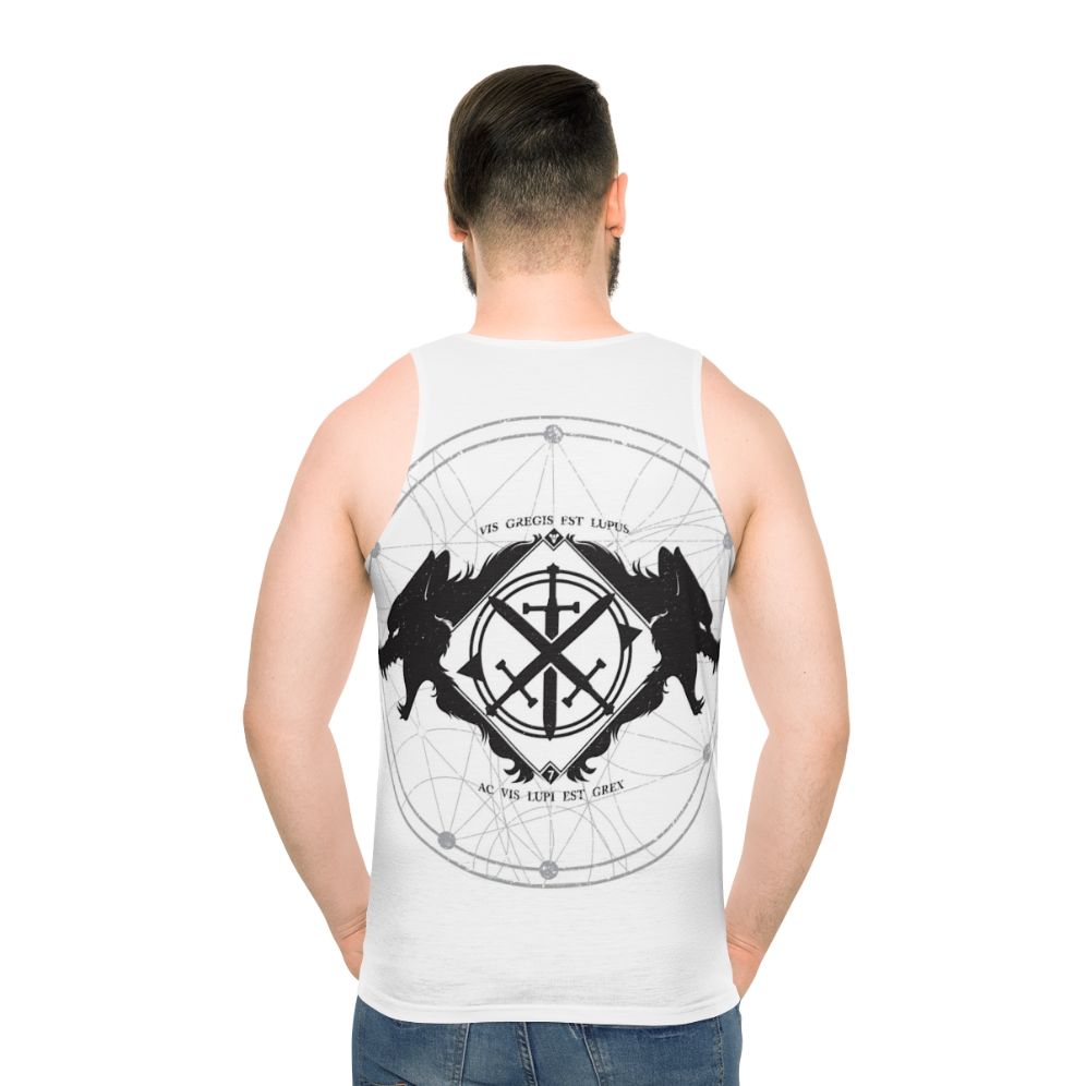 Unisex Tank Top with Minimalist Wolf Design for Destiny Fans - men back