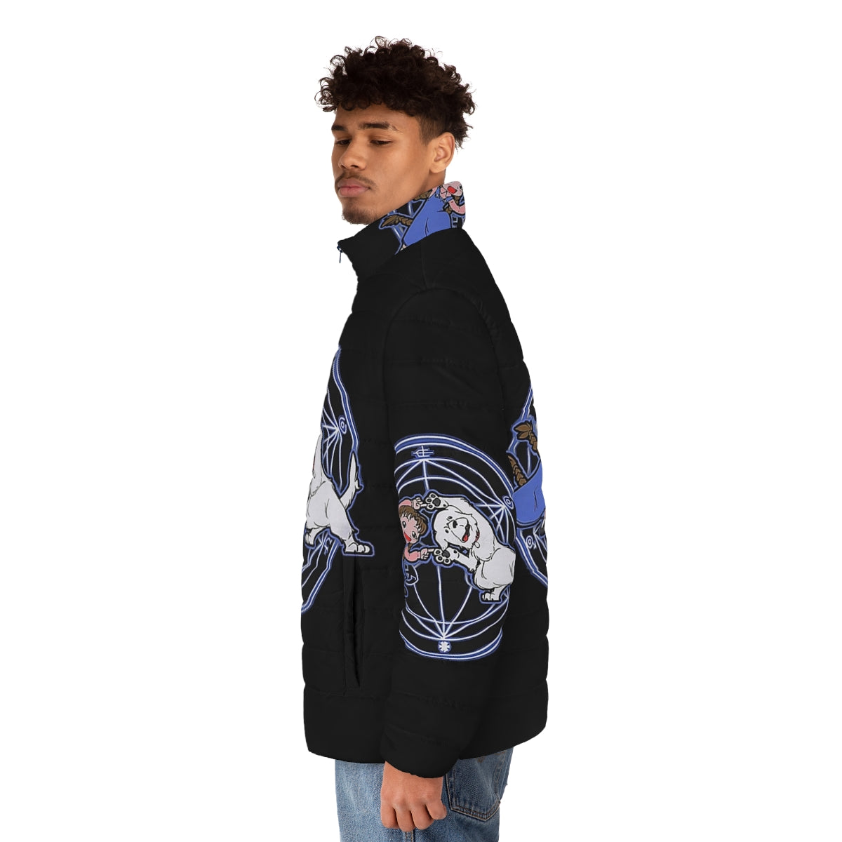 Fullmetal Alchemist anime puffer jacket with character designs and graphics - men side left