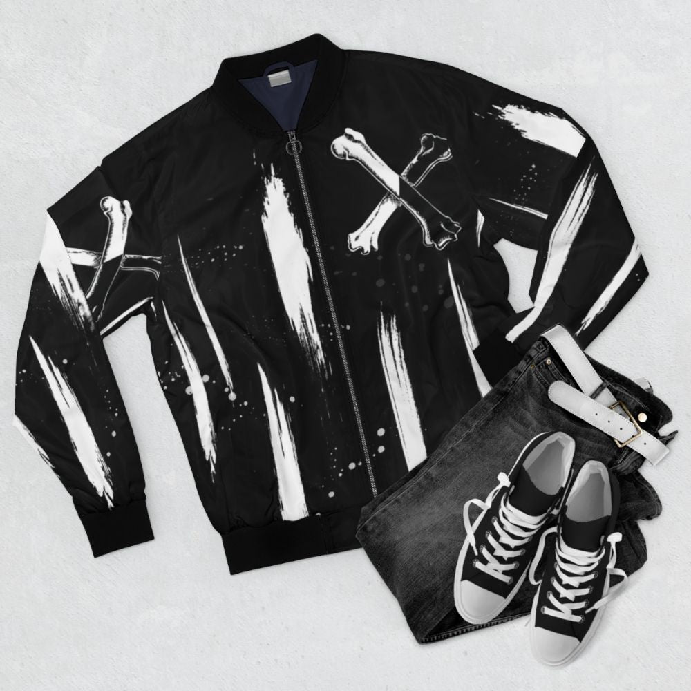 Carlos De Vil Descendants Grunge Bomber Jacket with Black and White Brush Strokes - Flat lay