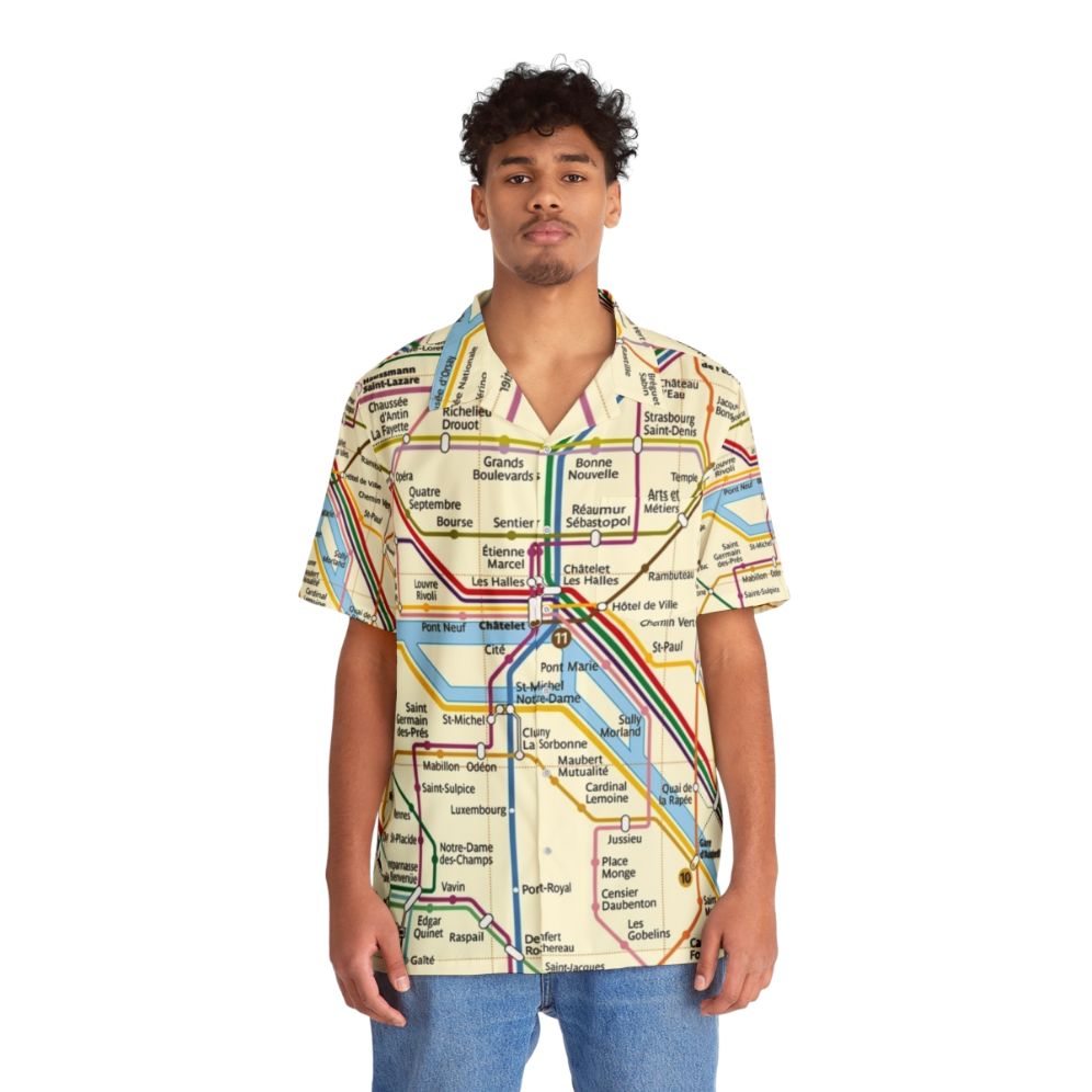 Person wearing a colorful Hawaiian shirt featuring a map of the Paris Metro system - People Front