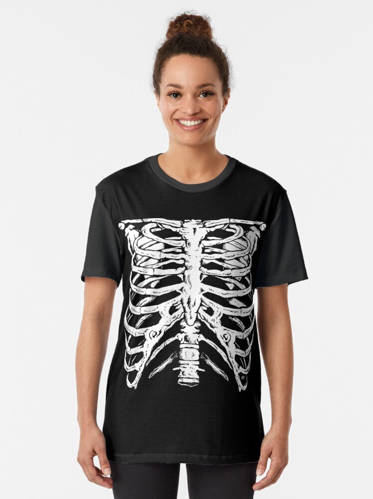 Punk horror graphic tee with skeleton ribcage design - Women