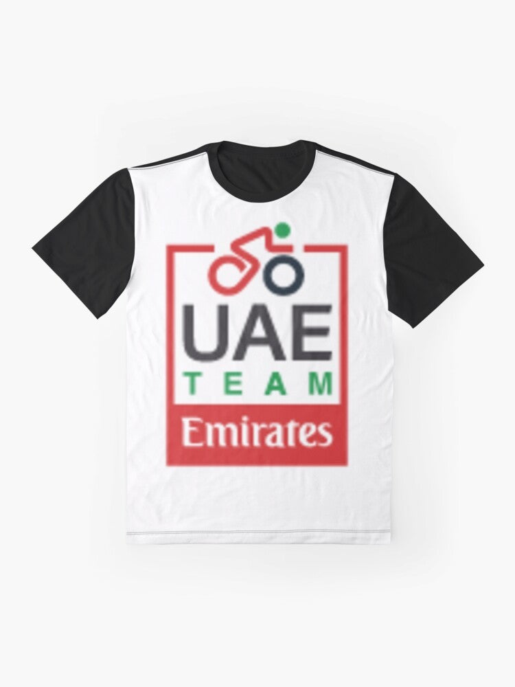 UAE Team Emirates Cycling Graphic T-Shirt featuring Tadej Pogacar and the team's logo - Flat lay