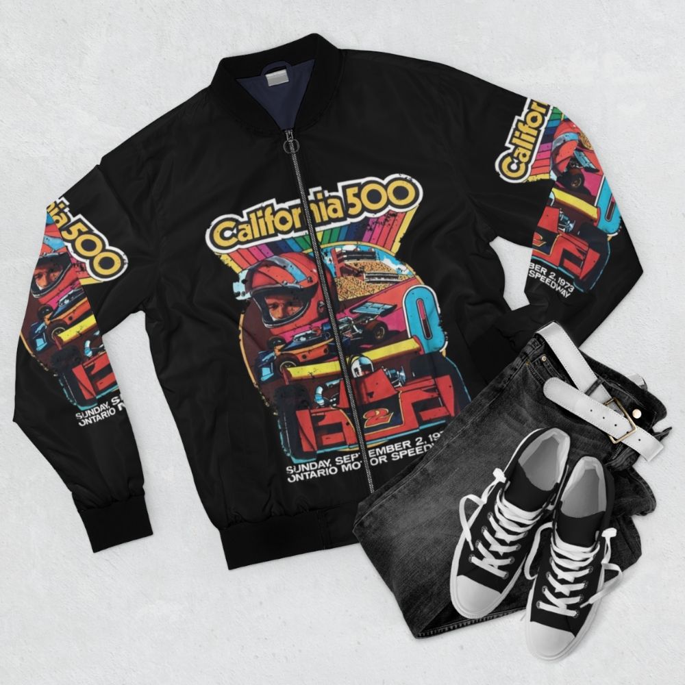 Vintage California 500 Premium Bomber Jacket with racing and classic car graphics - Flat lay