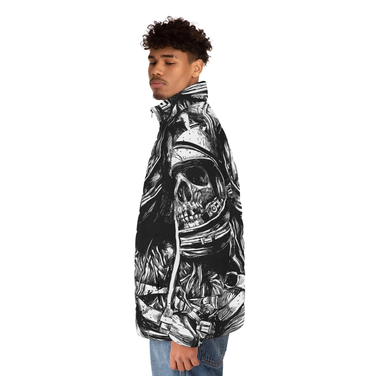 Dead astronaut puffer jacket with eerie space exploration theme - men side left