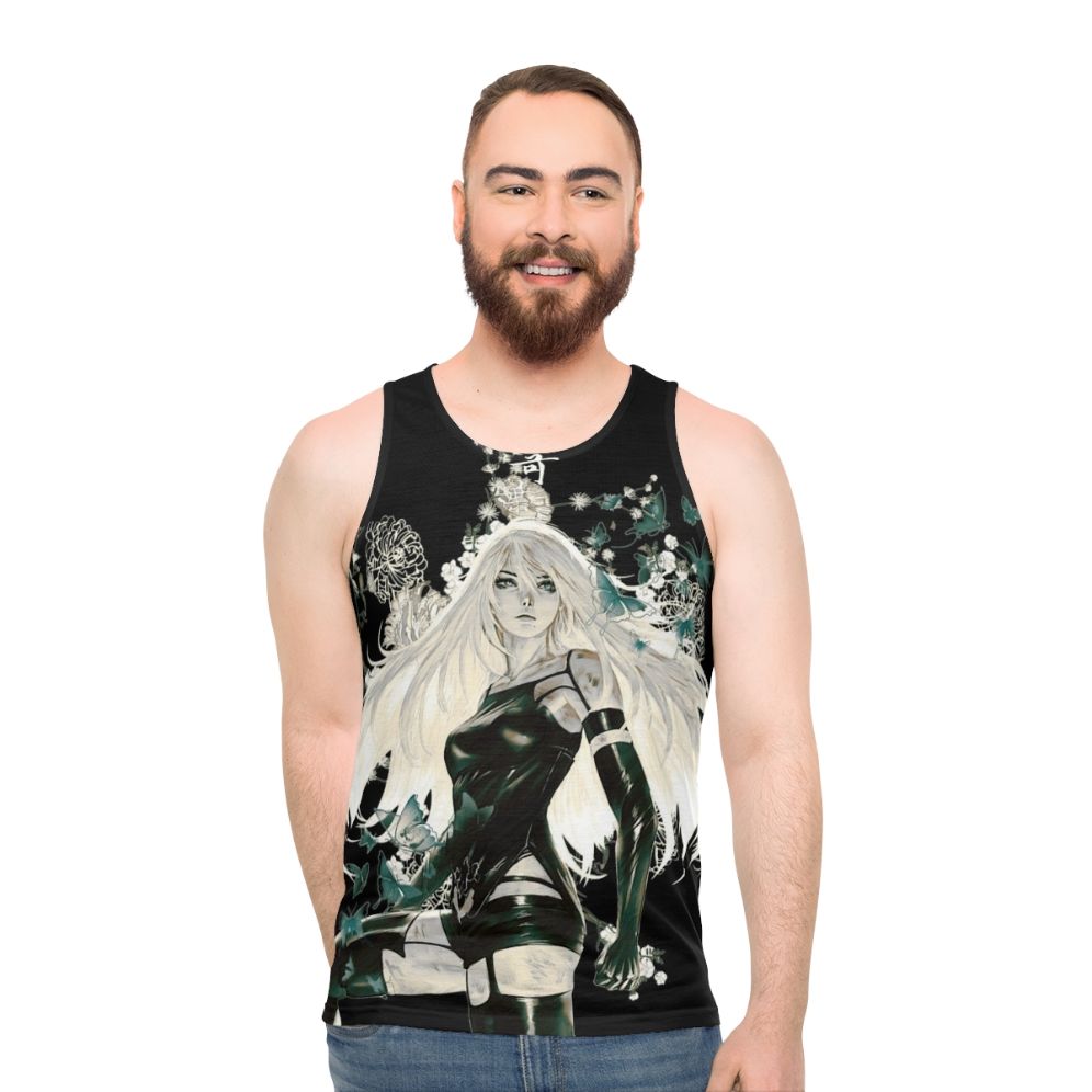 Unisex tank top with butterfly and floral design in a dark, fantasy style - men