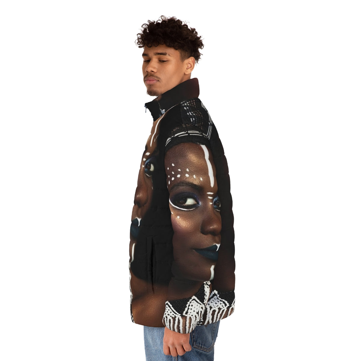 A stylish African-inspired puffer jacket with a regal, tribal design - men side left