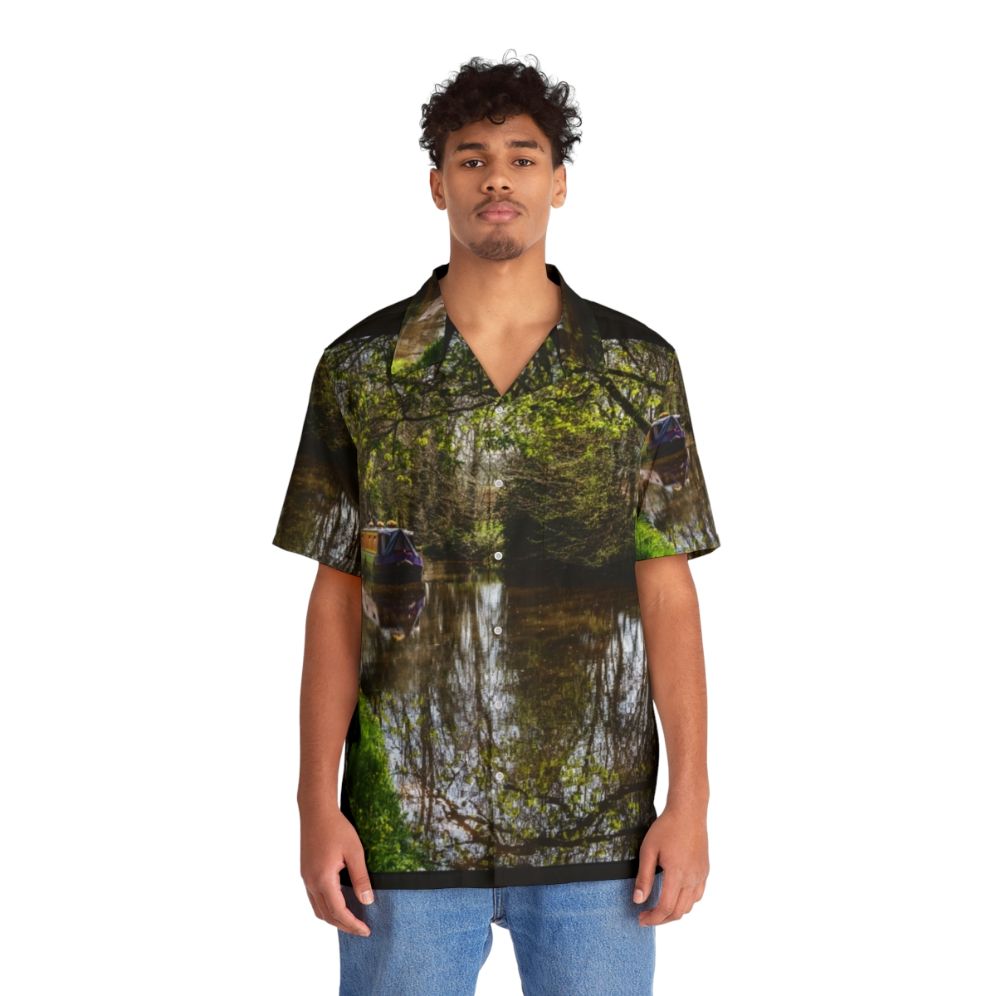 Hawaiian shirt with canal barge and reflections on waterway - People Front