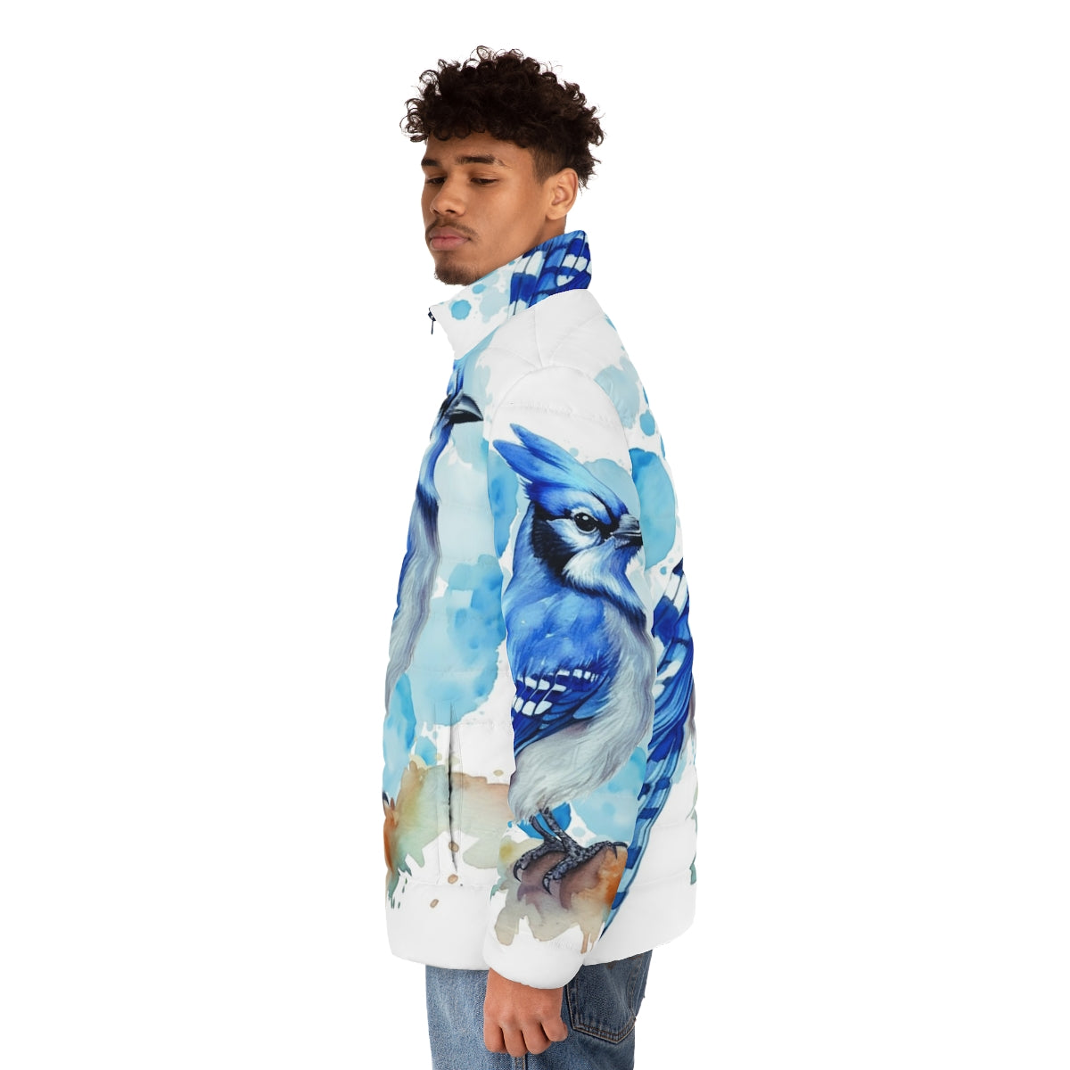 Blue Jay Puffer Jacket with Feather Design - men side left