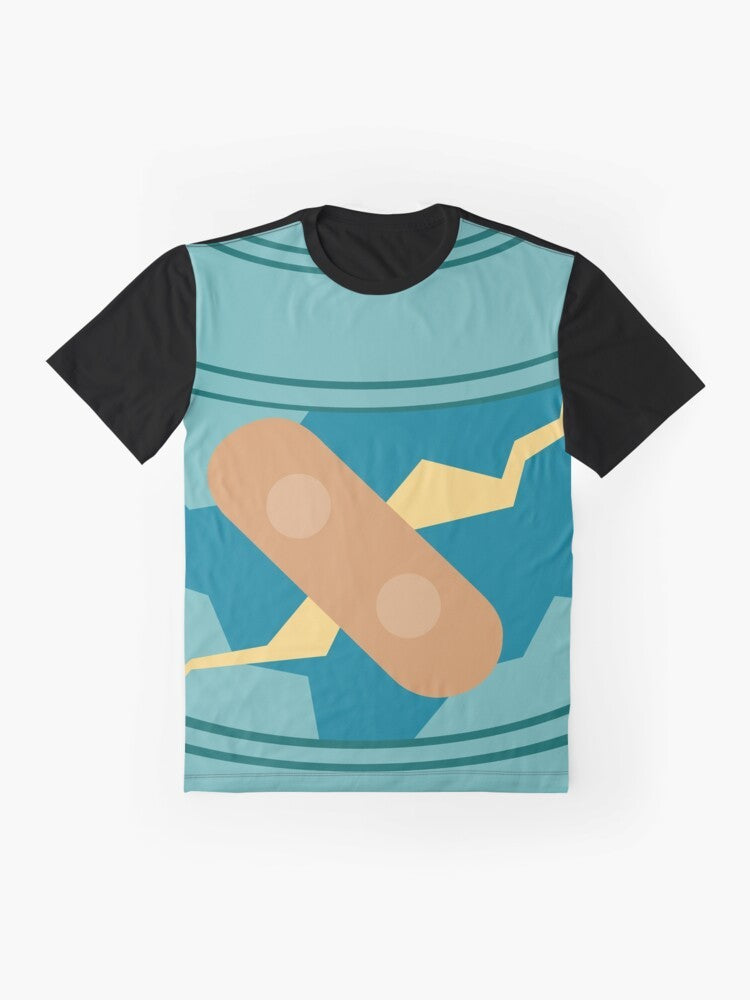 Golurk, a Pokemon character, depicted in a pixelized, lineless graphic design on a blue t-shirt. - Flat lay