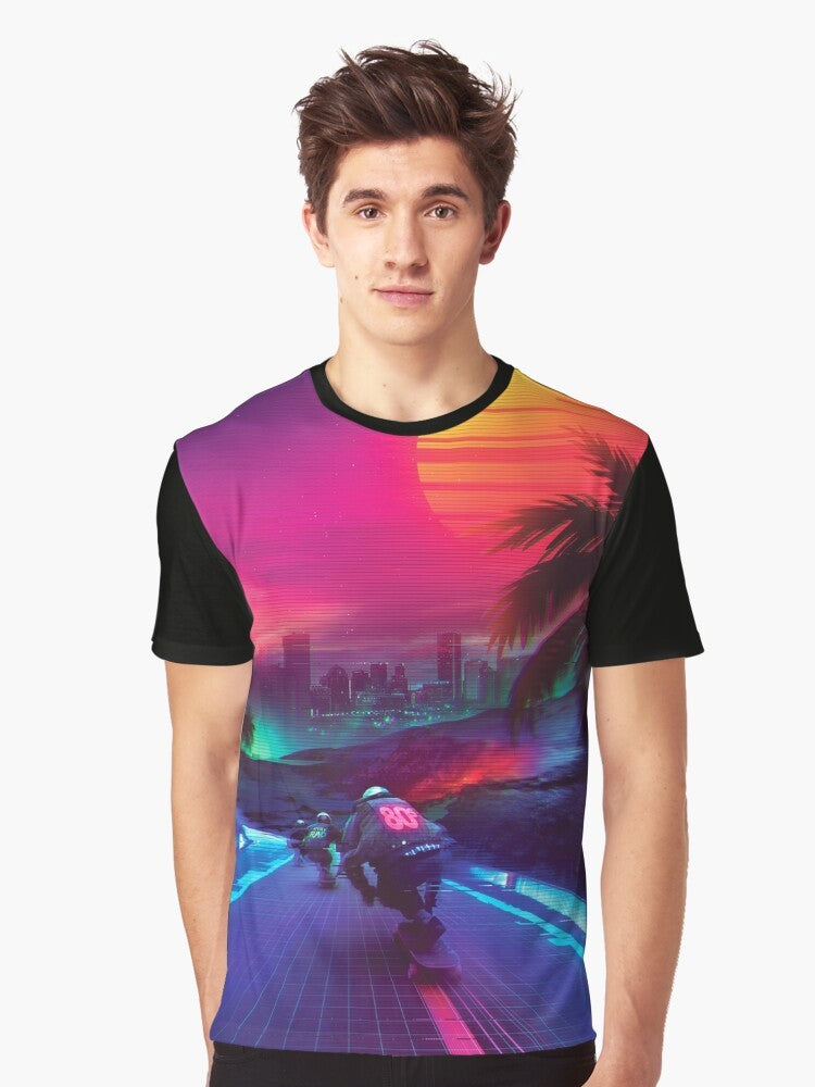 Synthwave neon graphic t-shirt with retro 80s and 90s inspired design - Men