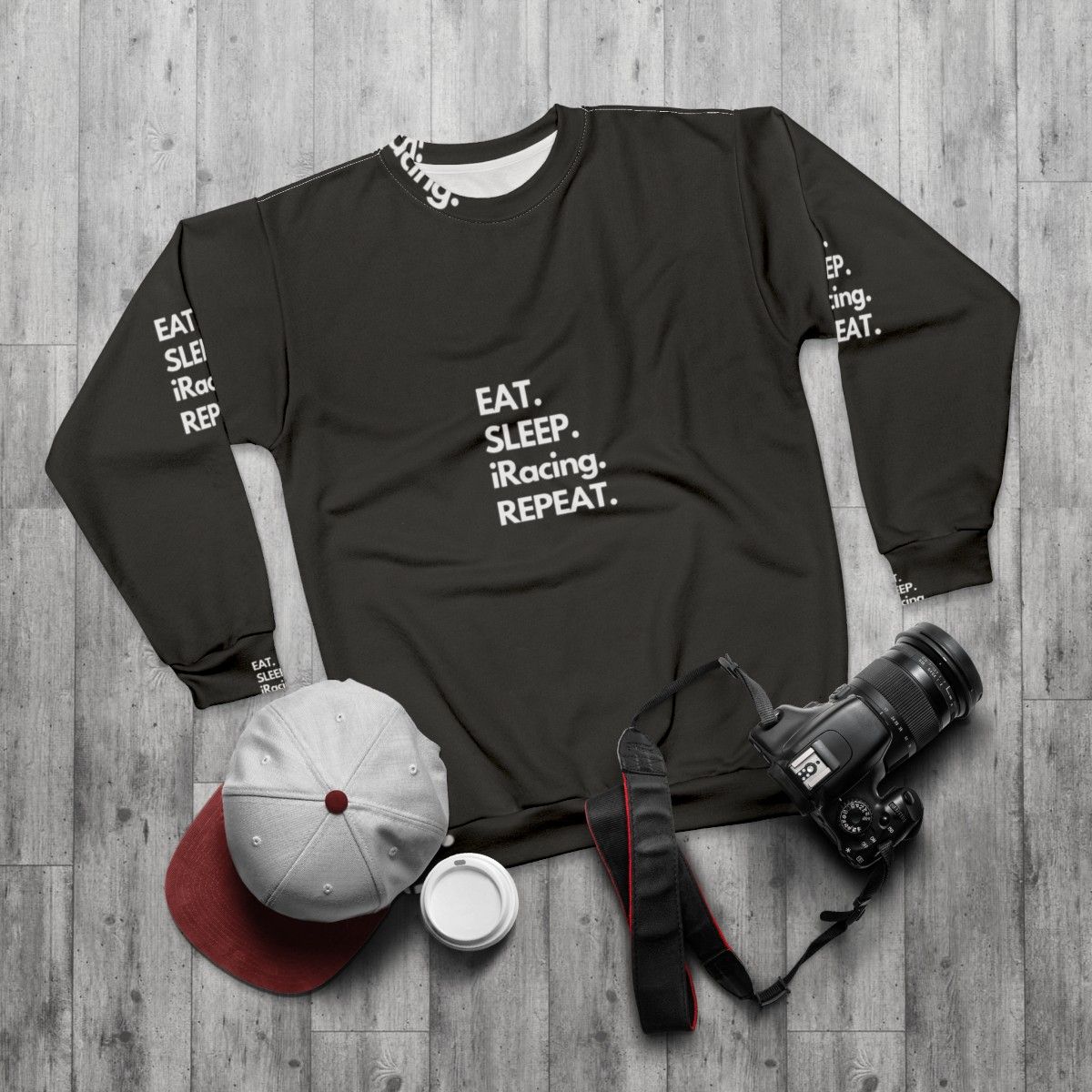 Iracing eat sleep repeat gaming sweatshirt - flat lay