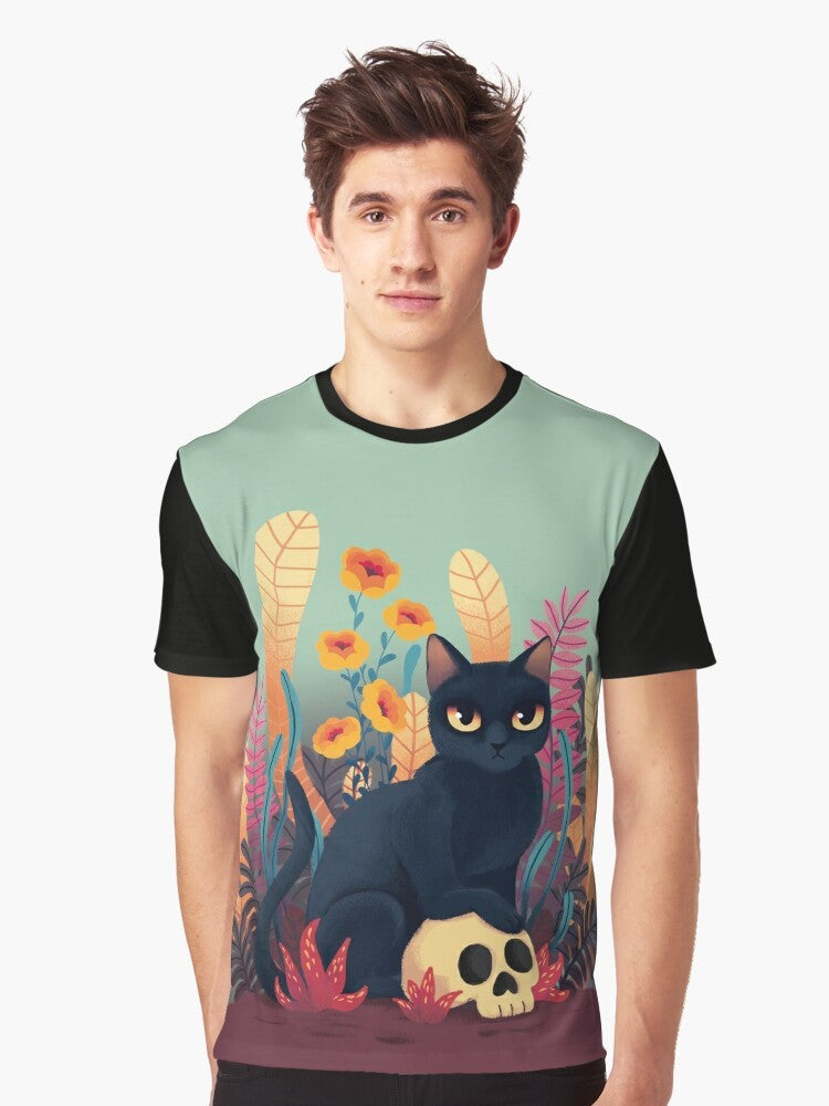 Cartoon image of a black cat with a skull and flowers on a graphic t-shirt design - Men