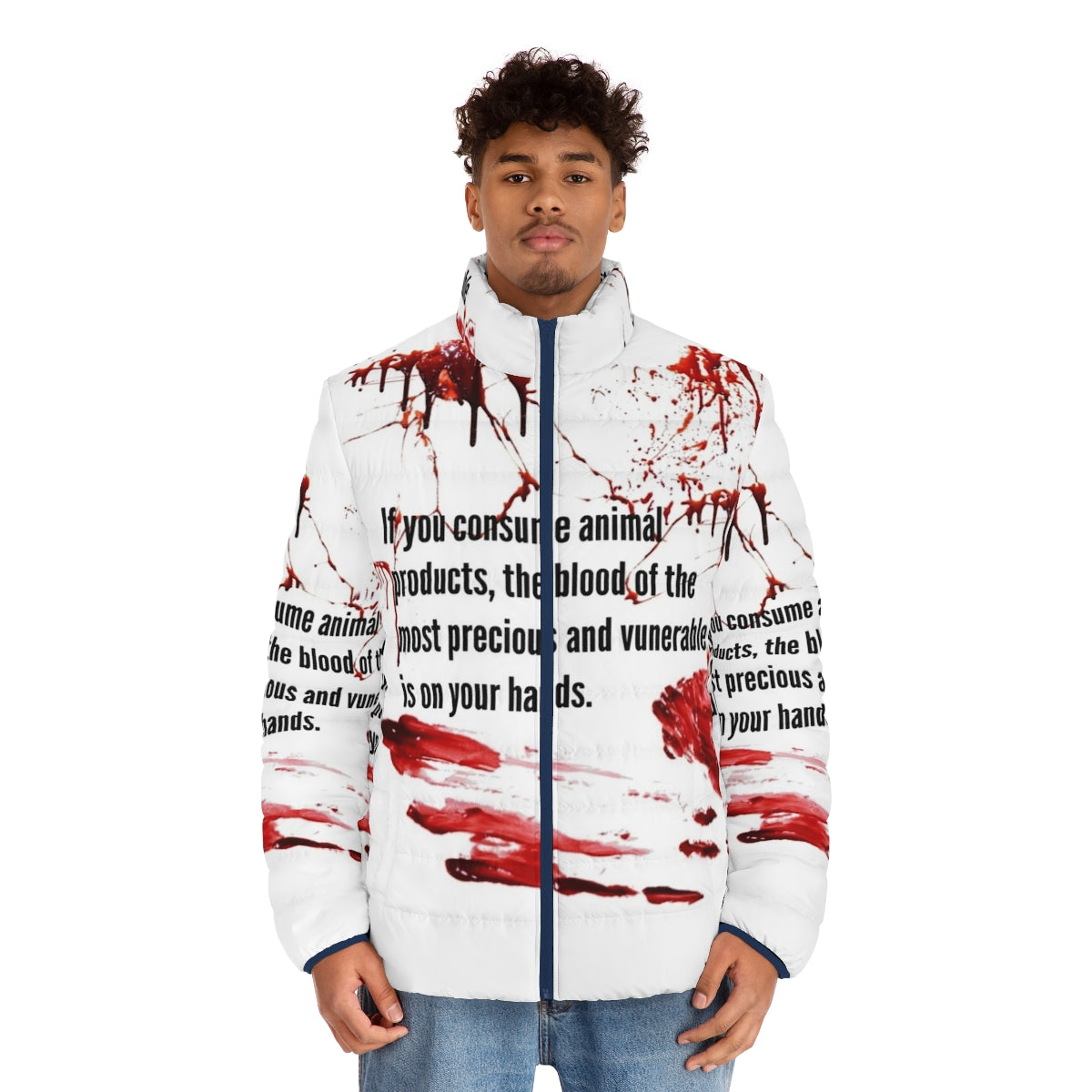 Puffer jacket with "Blood Is On Your Hands" design, promoting animal rights and veganism. - men front