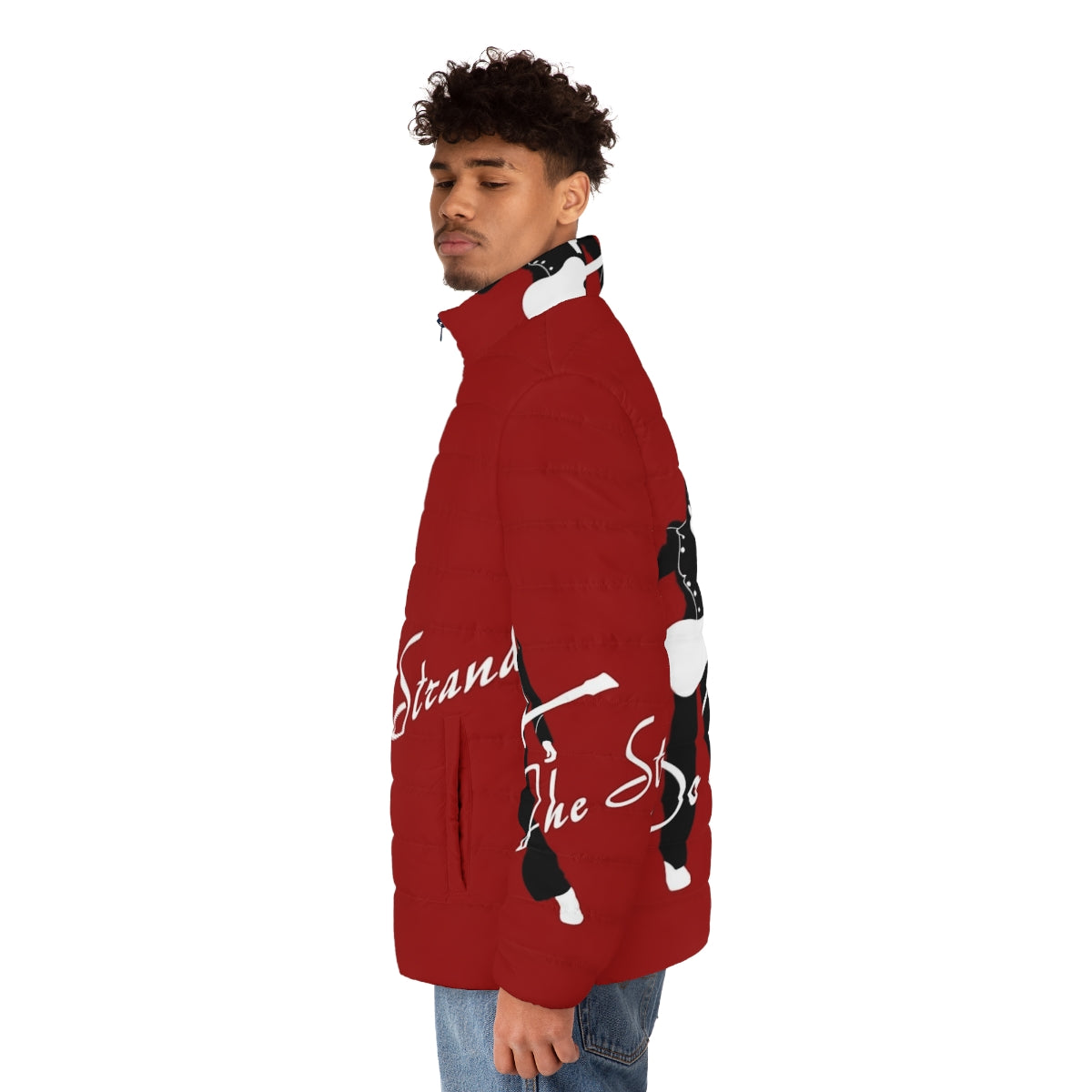 Roxy Ferry Glam Pop Music Puffer Jacket, featuring a stylish and warm design inspired by 70s rock and pop culture. - men side left