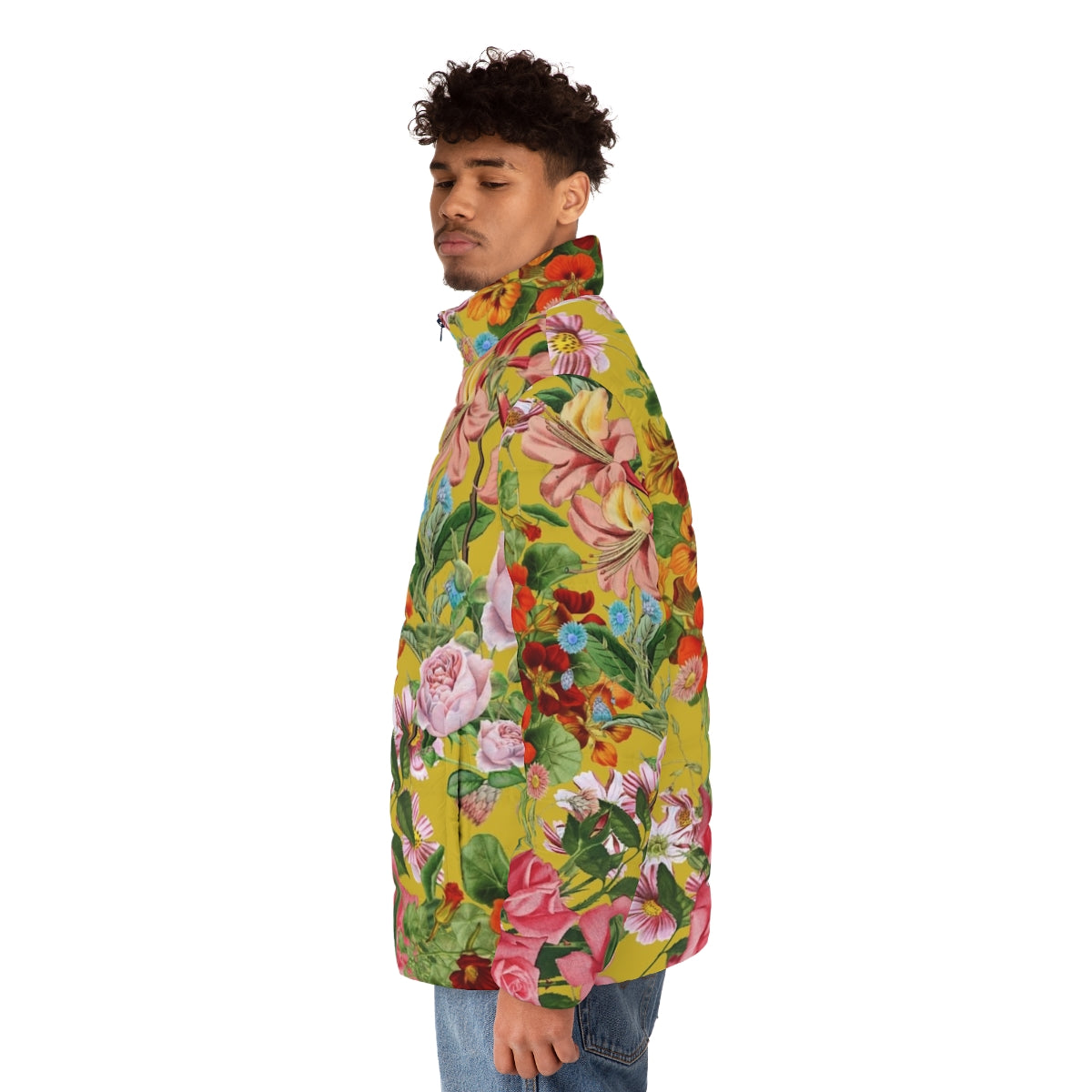 Floral pattern on yellow background puffer jacket - men side left