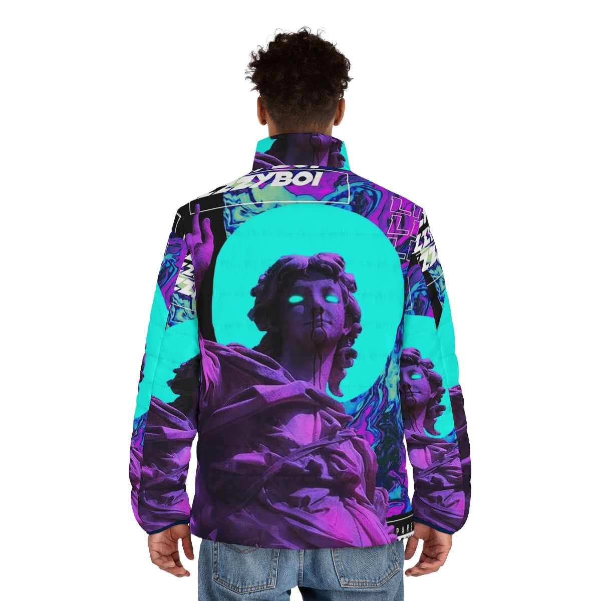 Vaporwave inspired puffer jacket with futuristic cyberpunk design - men back