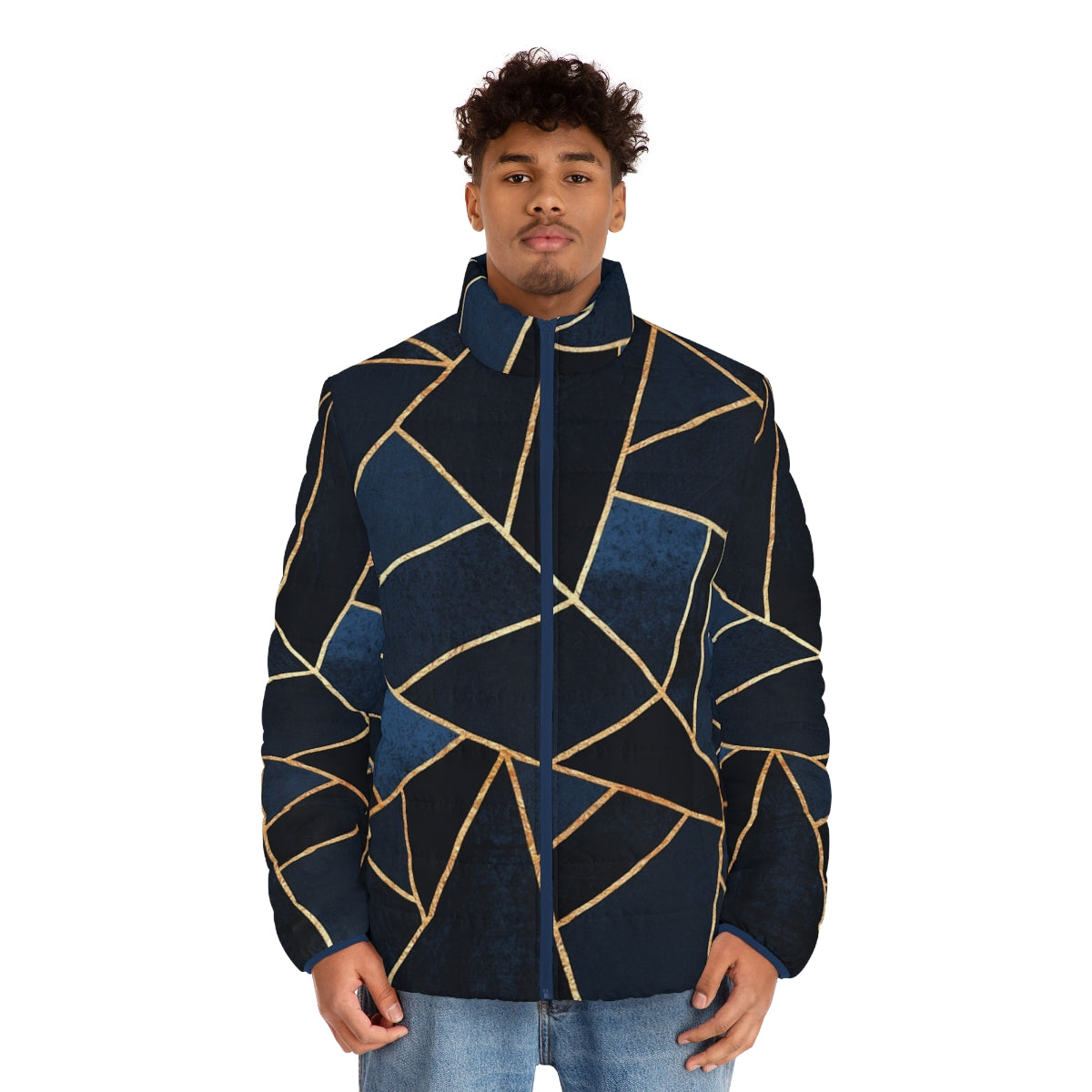 Navy puffer jacket with geometric mosaic design in stone and gold tones - men front