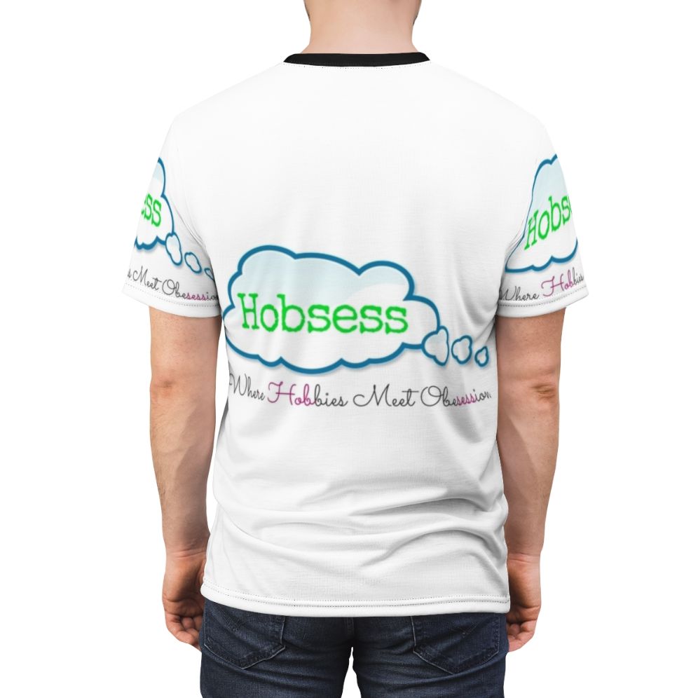 Person wearing a t-shirt with the design "Hobbies Meet Obsession" - men back