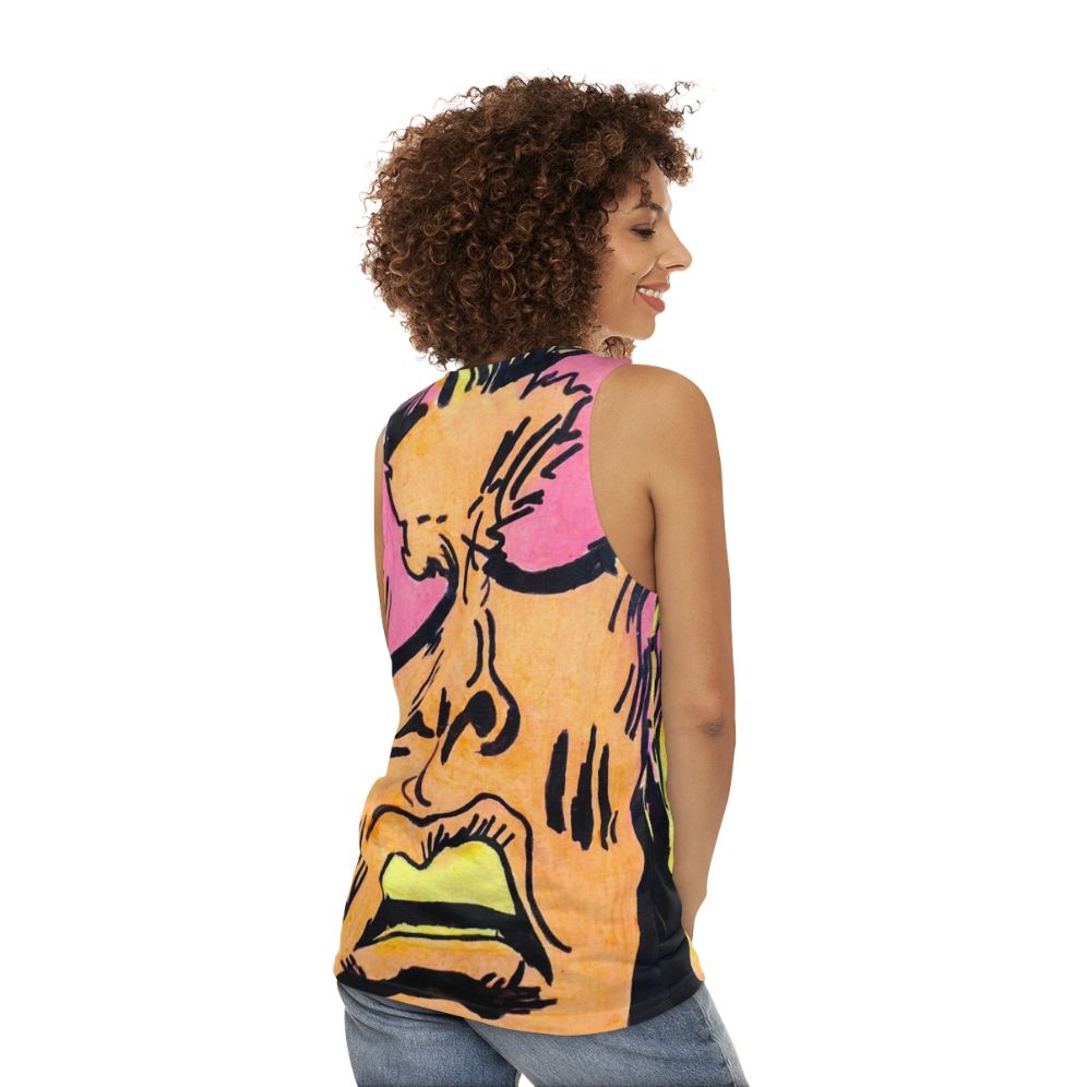 Retro comic art unisex tank top with expressive superhero faces - women back