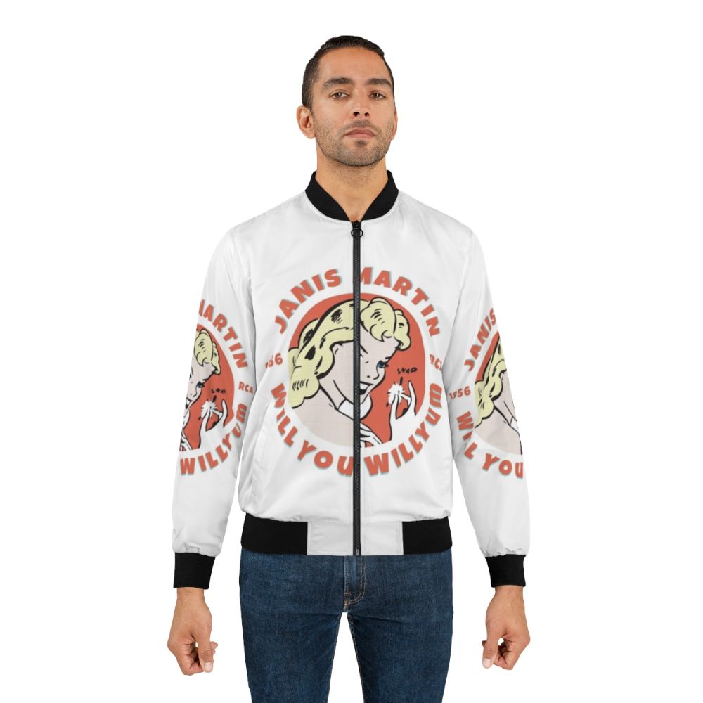 Female Elvis Rockabilly Bomber Jacket featuring retro pop art and cartoon elements - Lifestyle