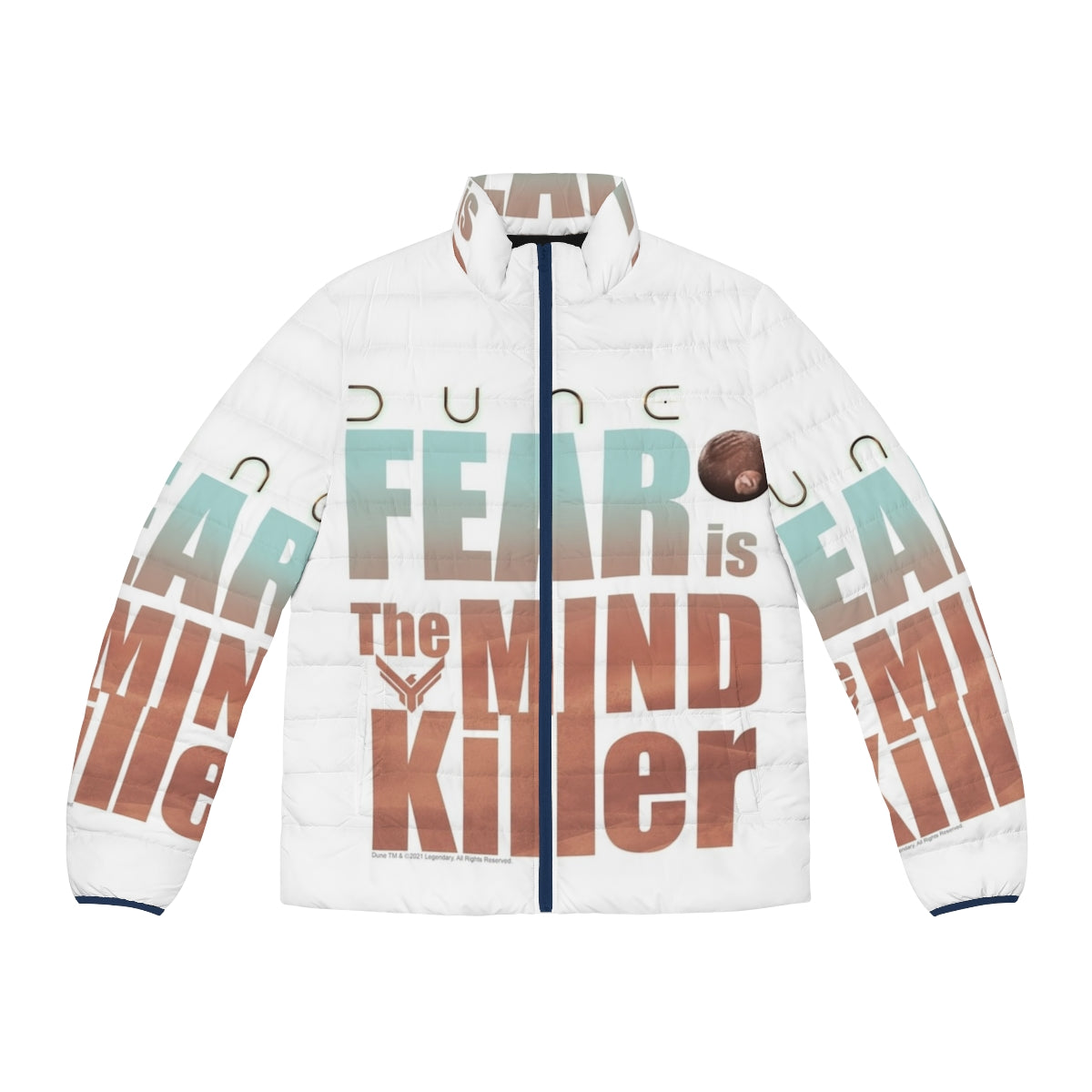 Dune 2020 'Fear Is The Mind Killer' Puffer Jacket featuring iconic Dune quote and movie artwork