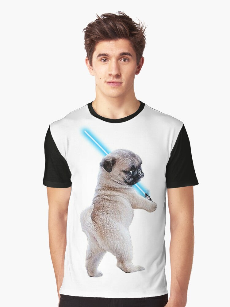 Pug wearing a Star Wars-inspired lightsaber graphic on a t-shirt - Men