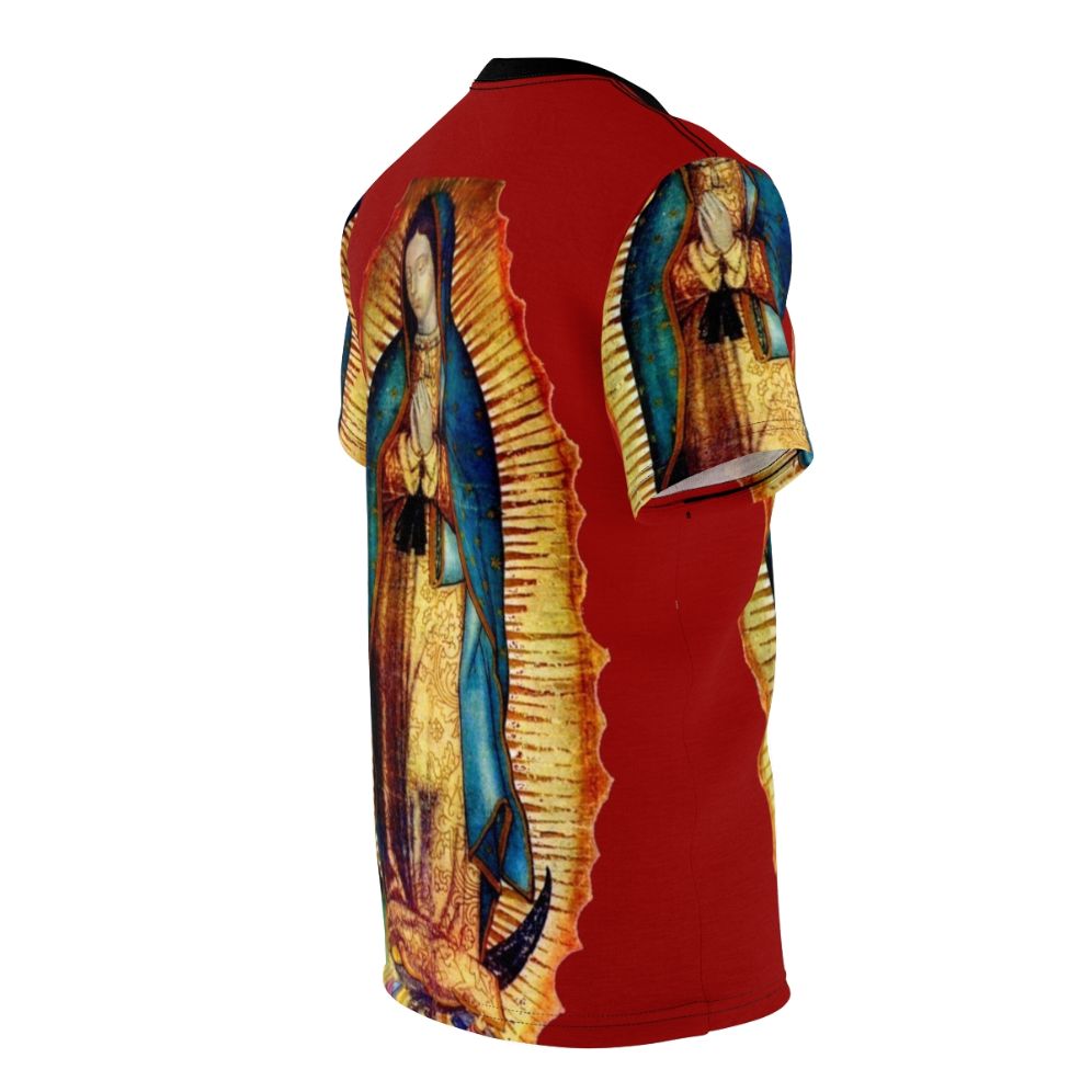 Faithful depiction of the revered Our Lady of Guadalupe icon on a quality AOP t-shirt. - men right