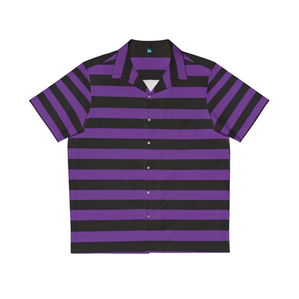 Purple and black striped Hawaiian shirt with a bold, vibrant pattern