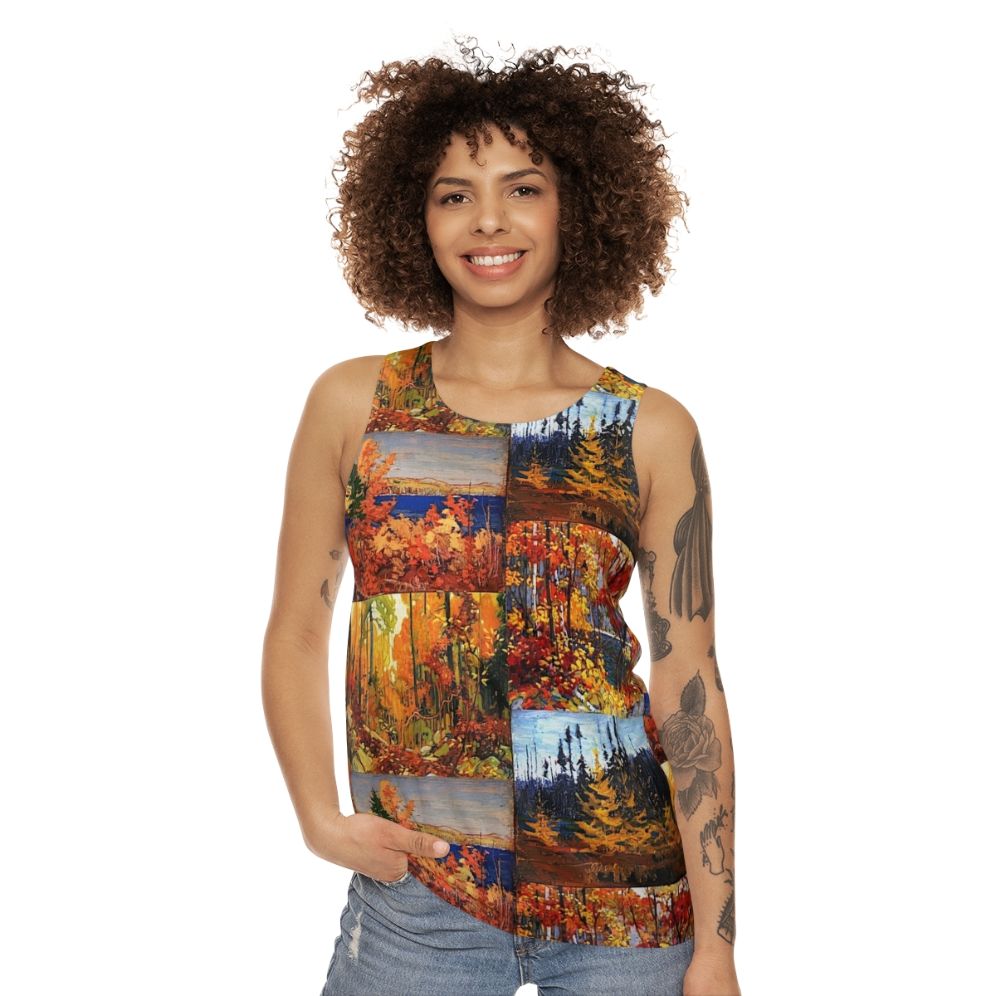 Unisex tank top featuring autumn foliage inspired by Canadian artist Tom Thomson - women