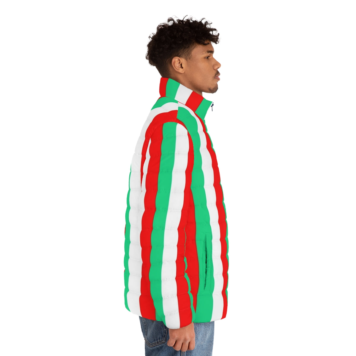 Red, green, and white striped puffer jacket, a stylish and on-trend design - men side right