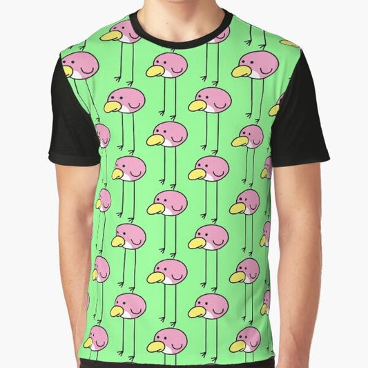 A pink t-shirt featuring a graphic design of flock step birds, inspired by the Nintendo game Rhythm Heaven.