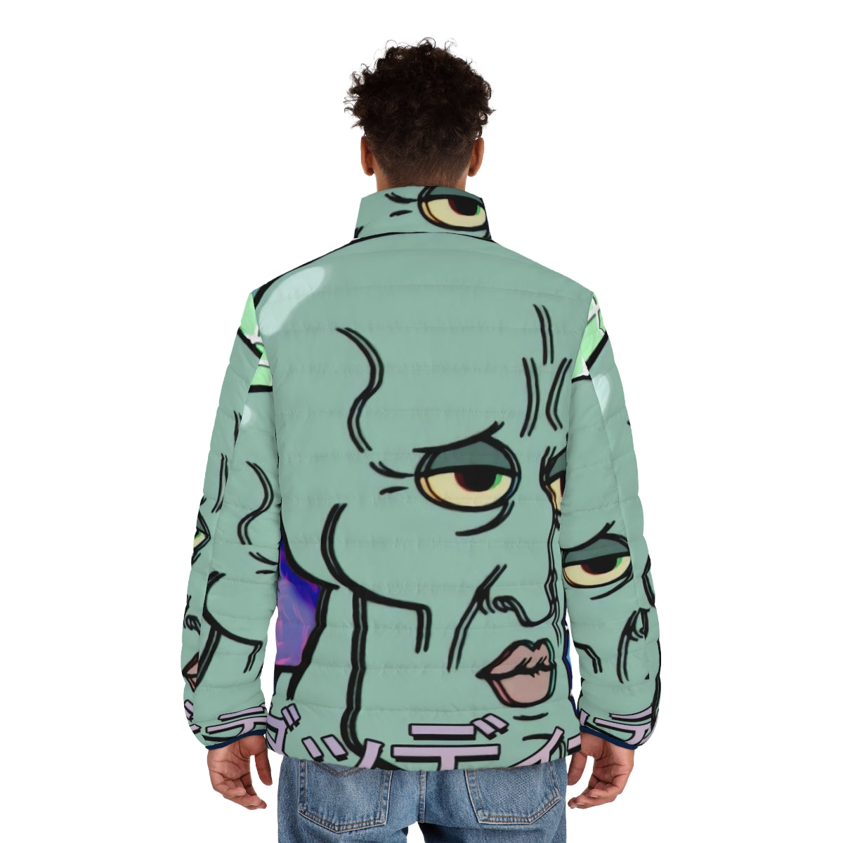 Handsome Squidward Vaporwave Aesthetic Puffer Jacket - Spongebob Squarepants inspired fashion - men back