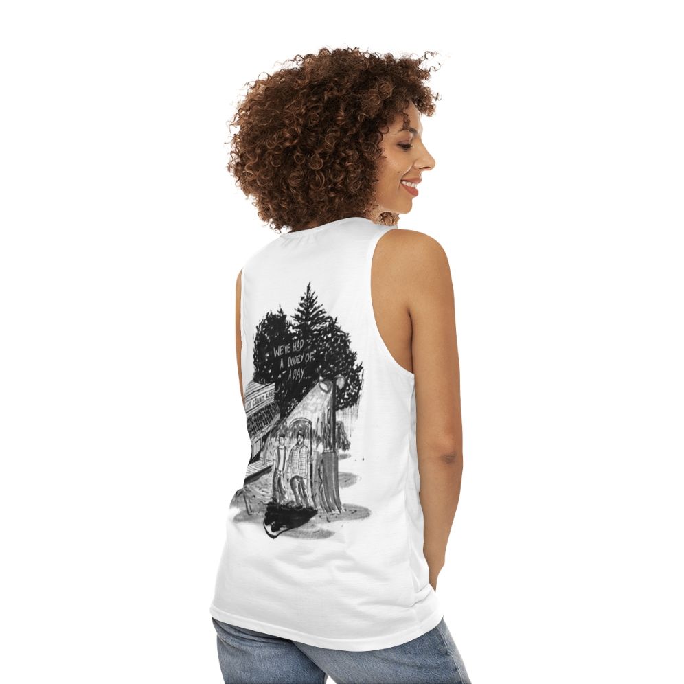 Unisex tank top with "We've Had a Doozy of a Day" horror movie design - women back