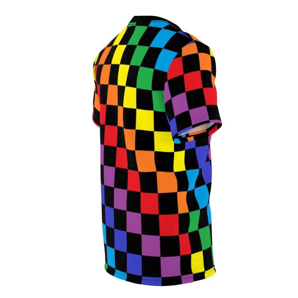 Colorful checkered rainbow pattern design on a black t-shirt - men right