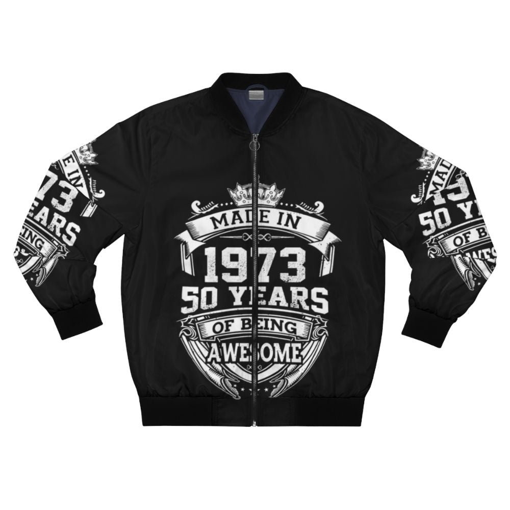 50th birthday bomber jacket made in 1973, featuring vintage 1973 design and "50 Years Of Being Awesome" text