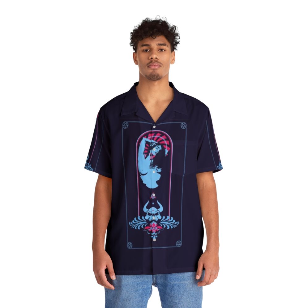 Satanic-inspired Hawaiian shirt with occult symbols and heavy metal imagery - People Front