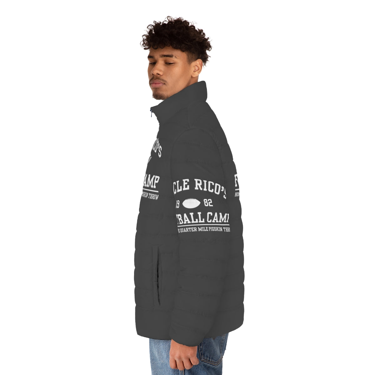 Uncle Rico's Football Camp Puffer Jacket with Napoleon Dynamite inspired design - men side left