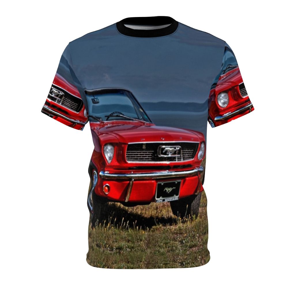 A vintage-inspired t-shirt design featuring a red 1966 Ford Mustang convertible